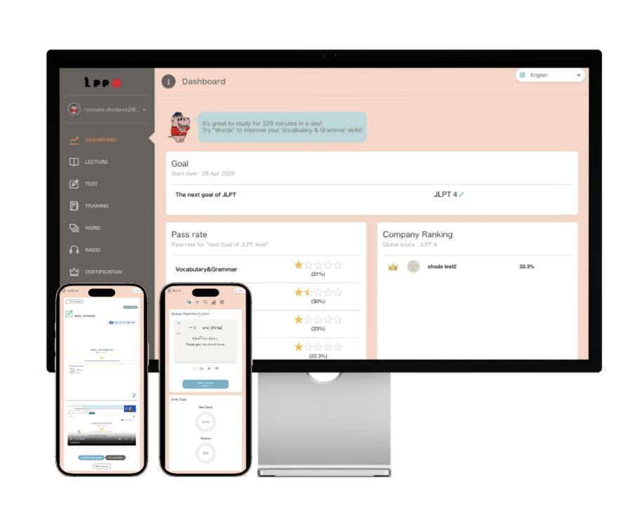 IPPOの管理ダッシュボードと学習アプリの実際の画面。JLPTの合格率・学習進捗・ランキングを表示